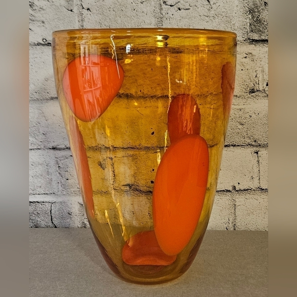 Vintage Signed Hand Blown Art Glass Vase Amber Orange Studio 12.5”